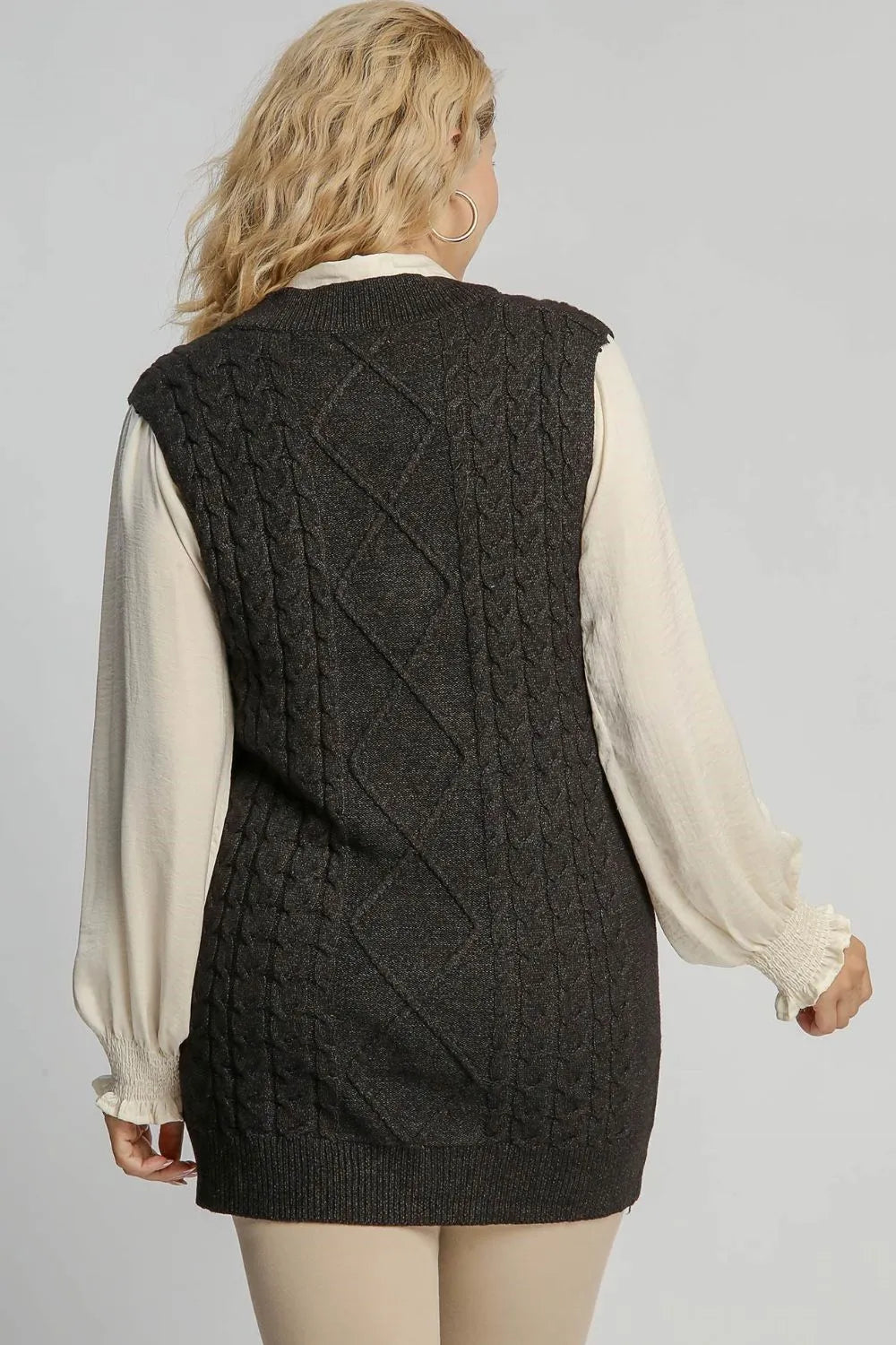 Cable Knit V Neck Sweater Vest Plus Size in Black side view