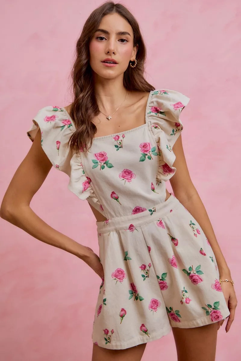 Floral Print Denim Cut Out Waist Ruffled Romper detail