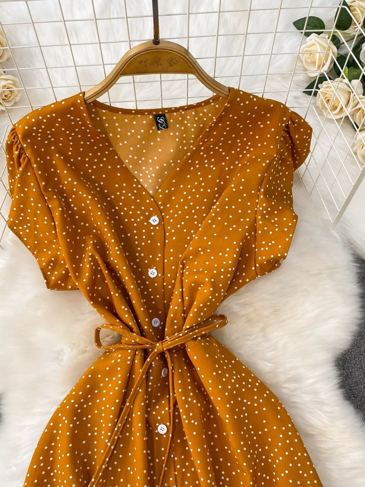 Dark yellow polka dot belted maxi dress back view