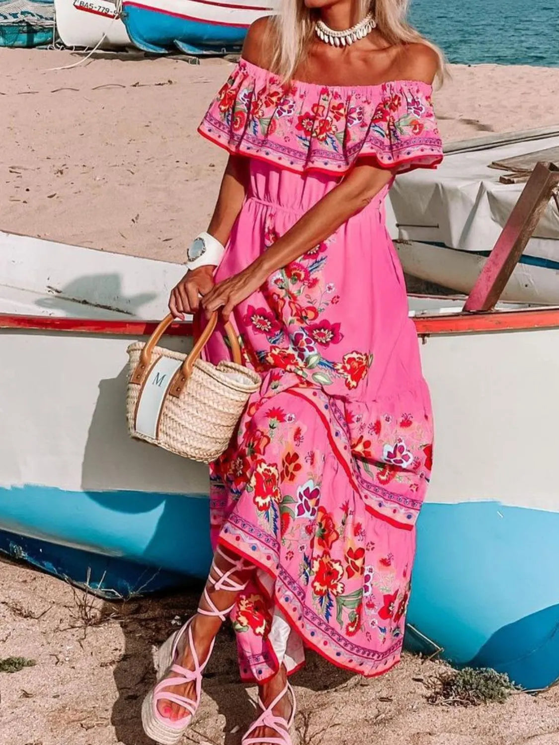 Floral off shoulder ruffle maxi dress view 16