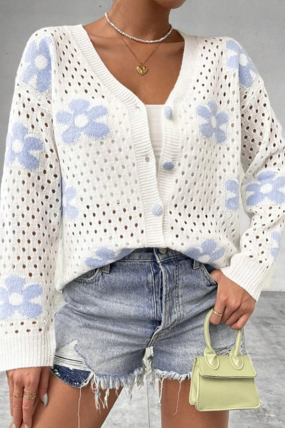 Flower Hollowed Out Button Down Long Sleeve Cardigan White - Fashorio