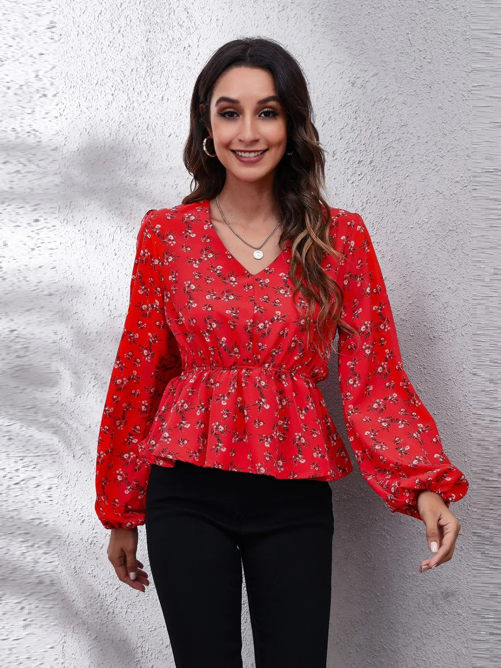 Floral V-Neck Balloon Sleeve Peplum Blouse - Fashorio