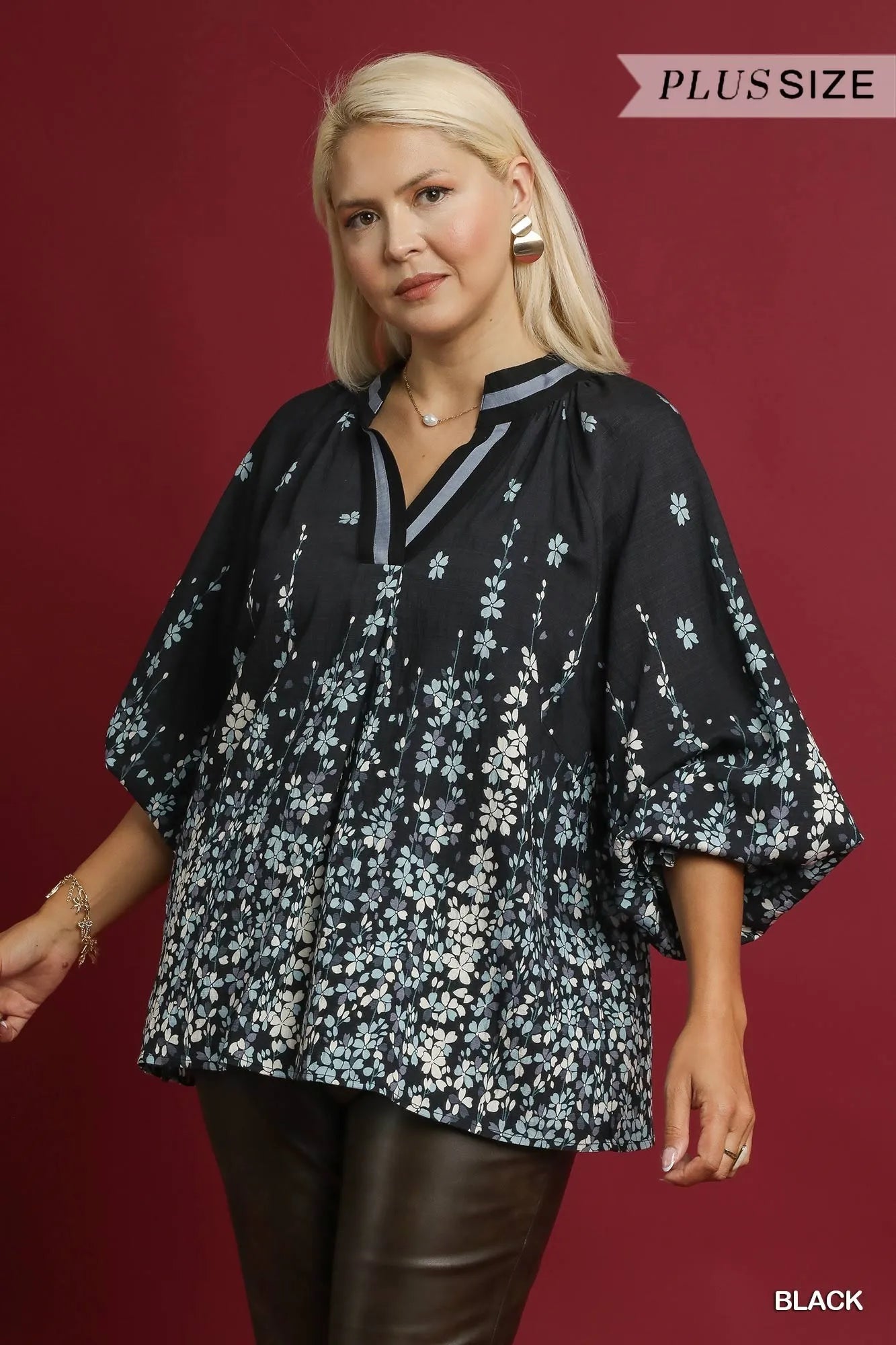 Umgee Full Size Floral Vine Print Blouse with Balloon Sleeves Plus Size - Fashorio