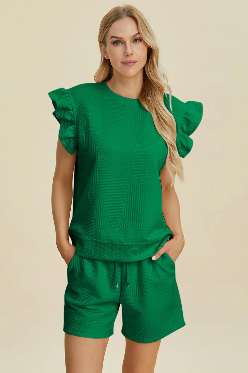 Textured ruffle sleeve top and shorts set dark green front view