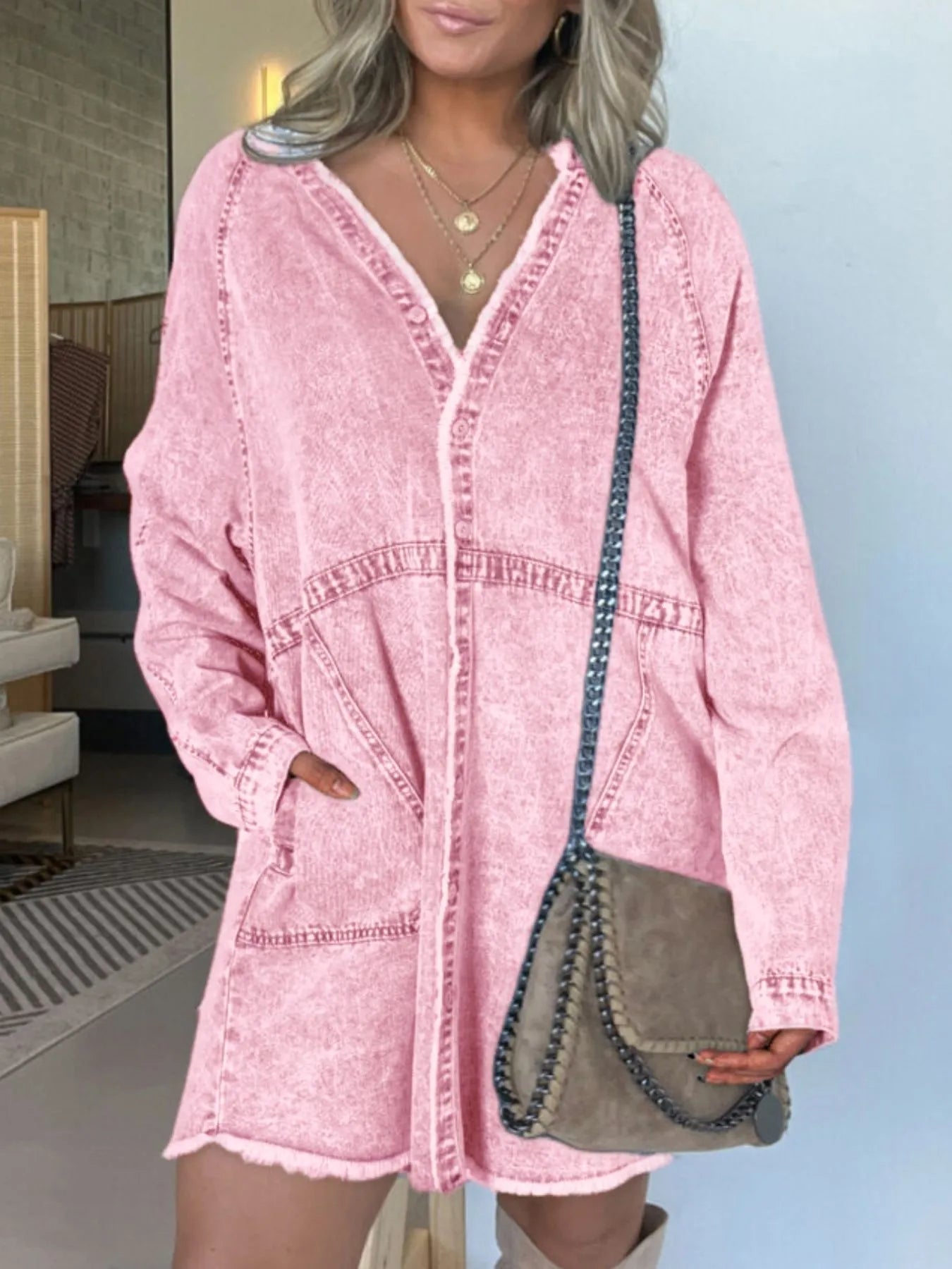 Full Size Button-Front Long Sleeve Denim Shirt Dress Plus Size Pink - Fashorio