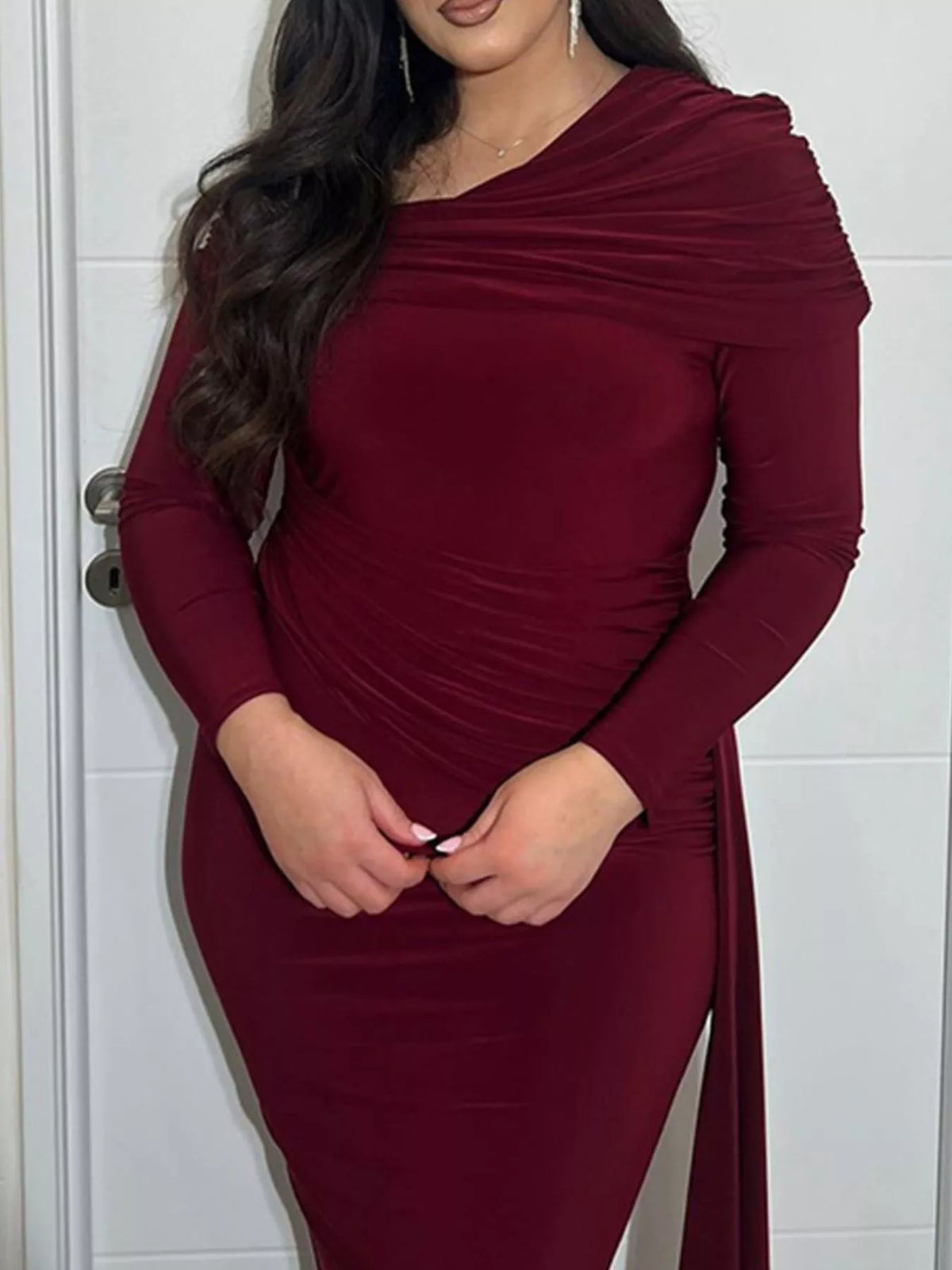One shoulder ruched maxi dress hem detail