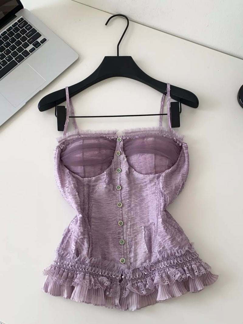 Lace trim ruffle hem tank front view