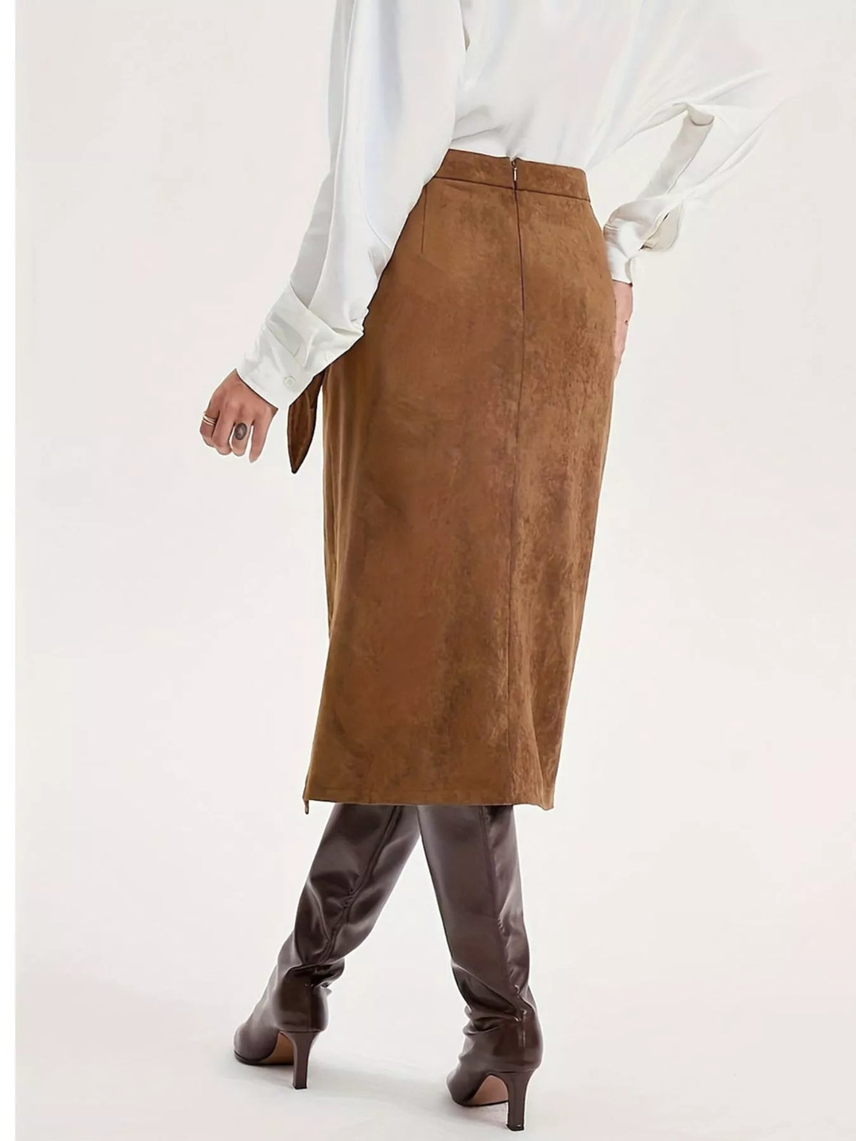 brown wrap midi skirt styled on model