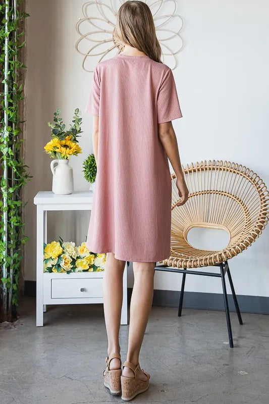 Solid Ribbed Mini Dress with Button back view