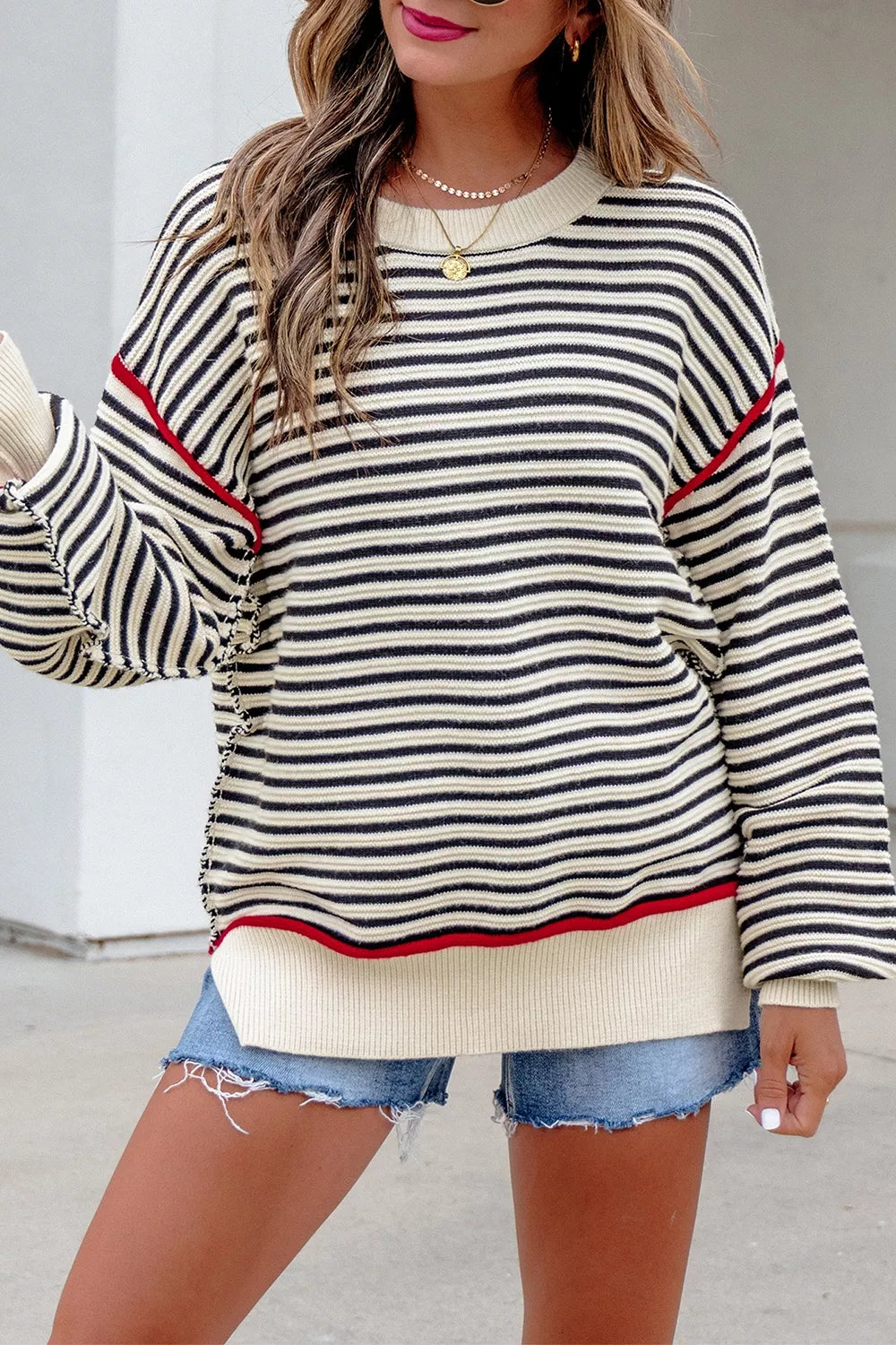 Striped Ribbed Drop Shoulder Oversized Sweater