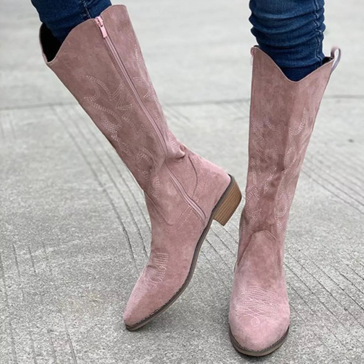 Suede point toe block heel boots fabric texture