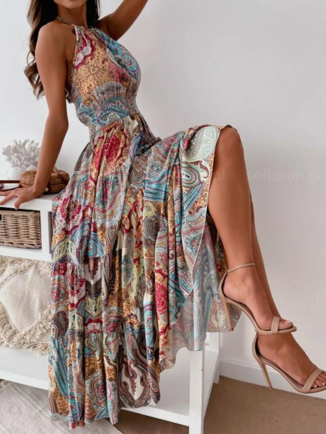 Printed halter neck backless maxi dress, fabric detail