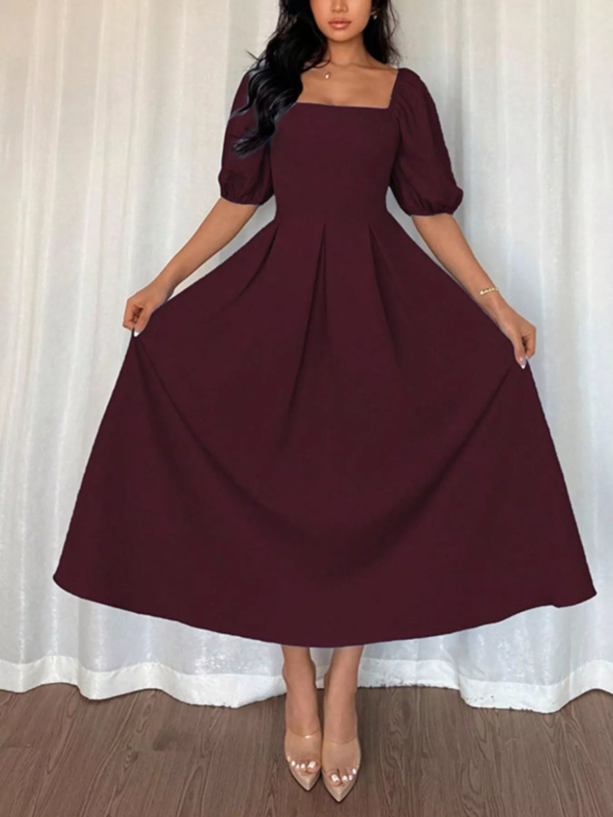 Burgundy square neck flutter sleeve midi dress back view