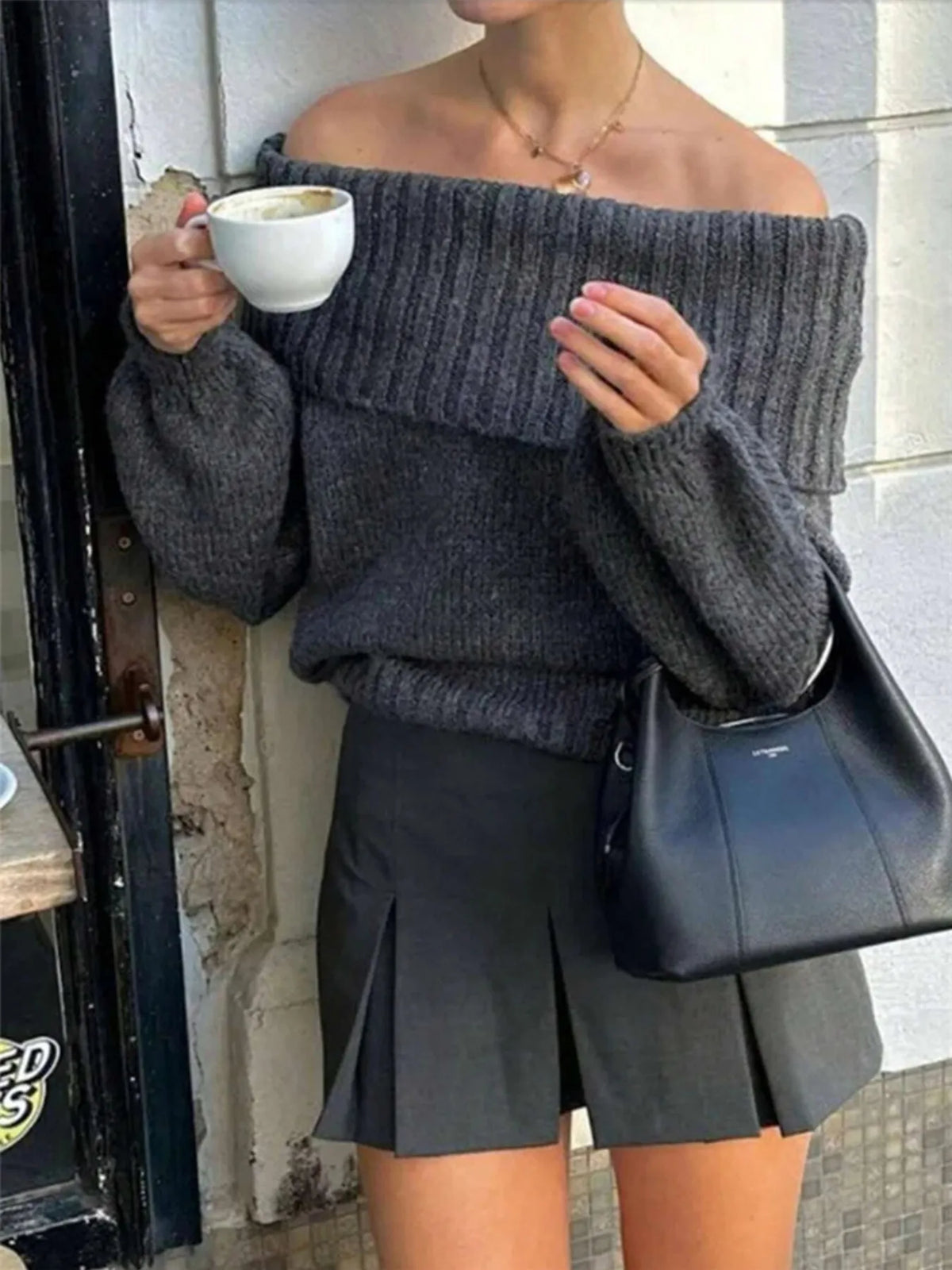 Off shoulder ribbed long sleeve sweater front view