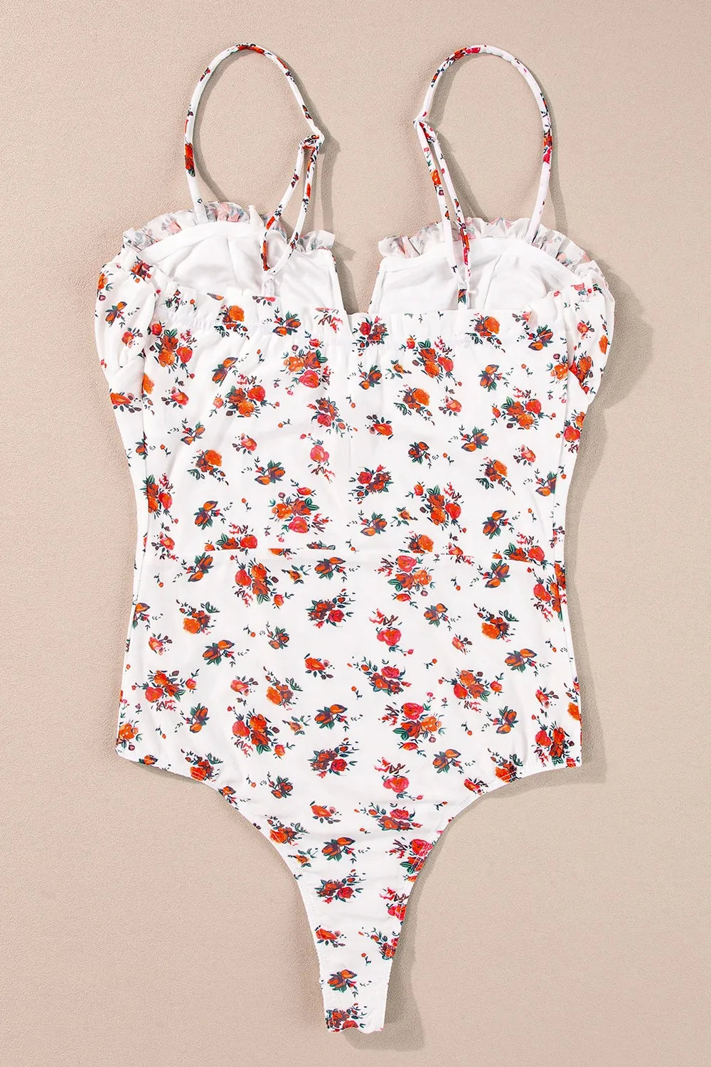 Floral Frilled Trim Spaghetti Straps Bodysuit - Fashorio