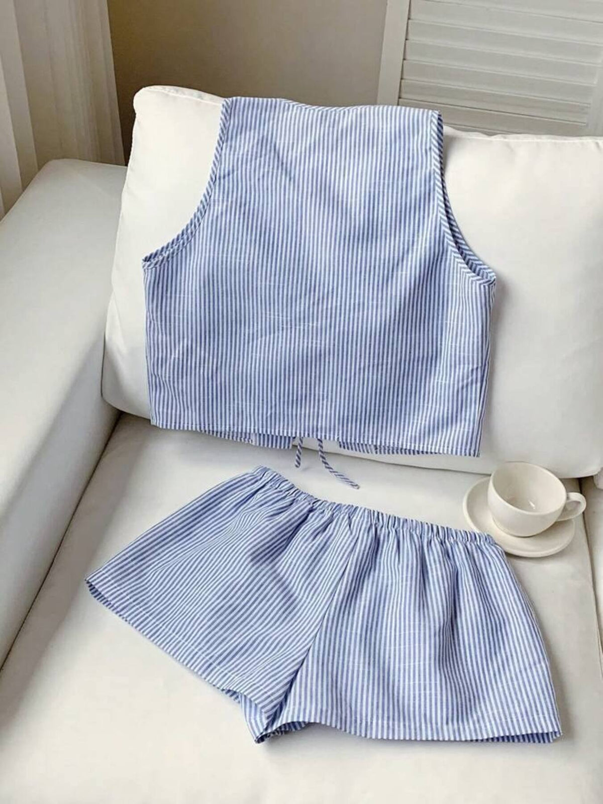 Striped tie front vest and shorts two piece detail