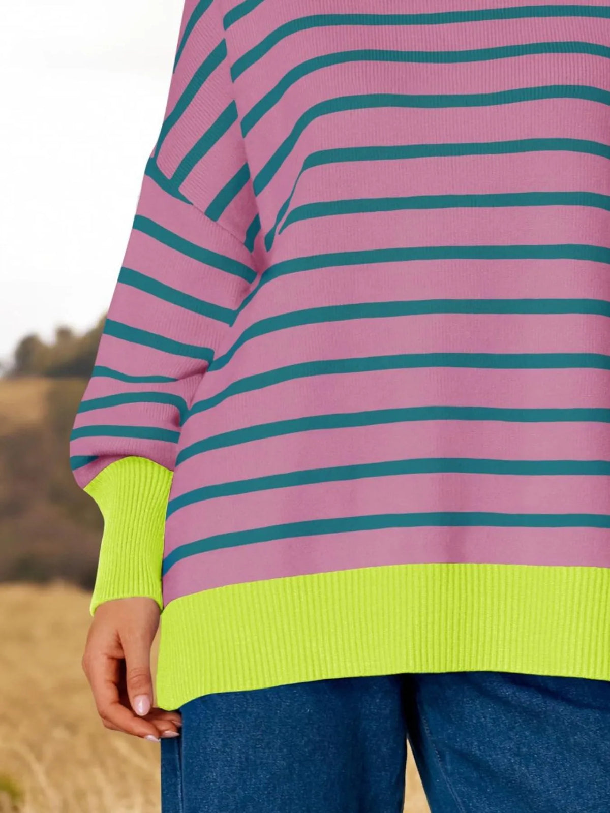 Full look in striped long sleeve sweater