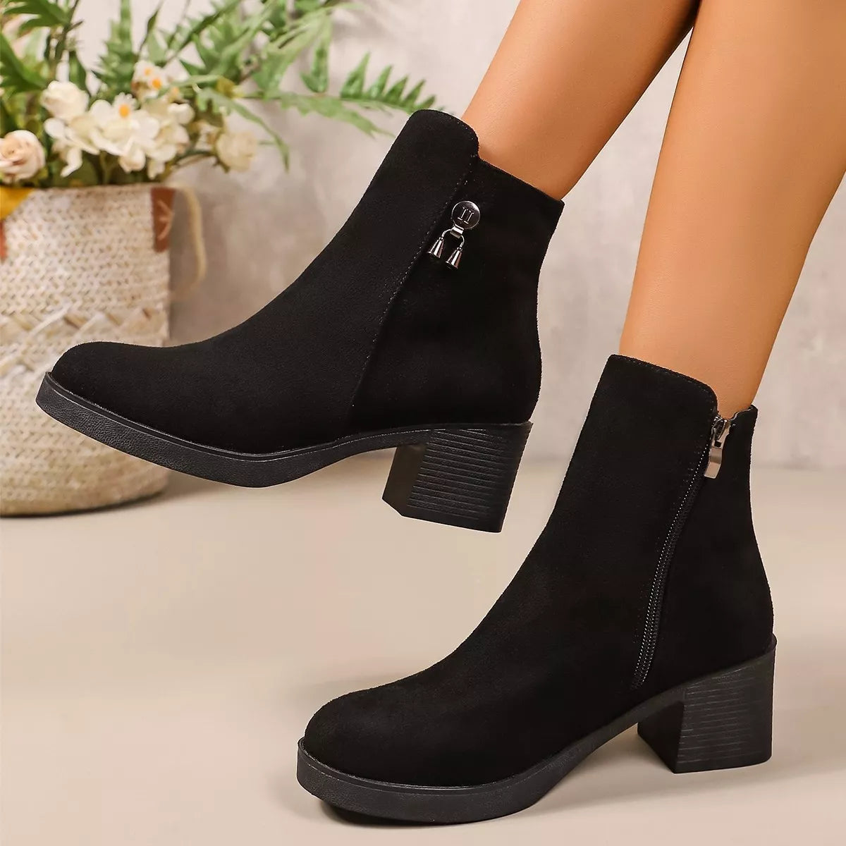 Pointed Toe Suede Block Heel Boots front view