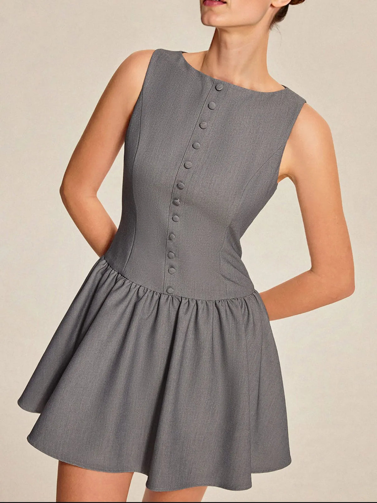 Round neck sleeveless ruffled mini dress back view