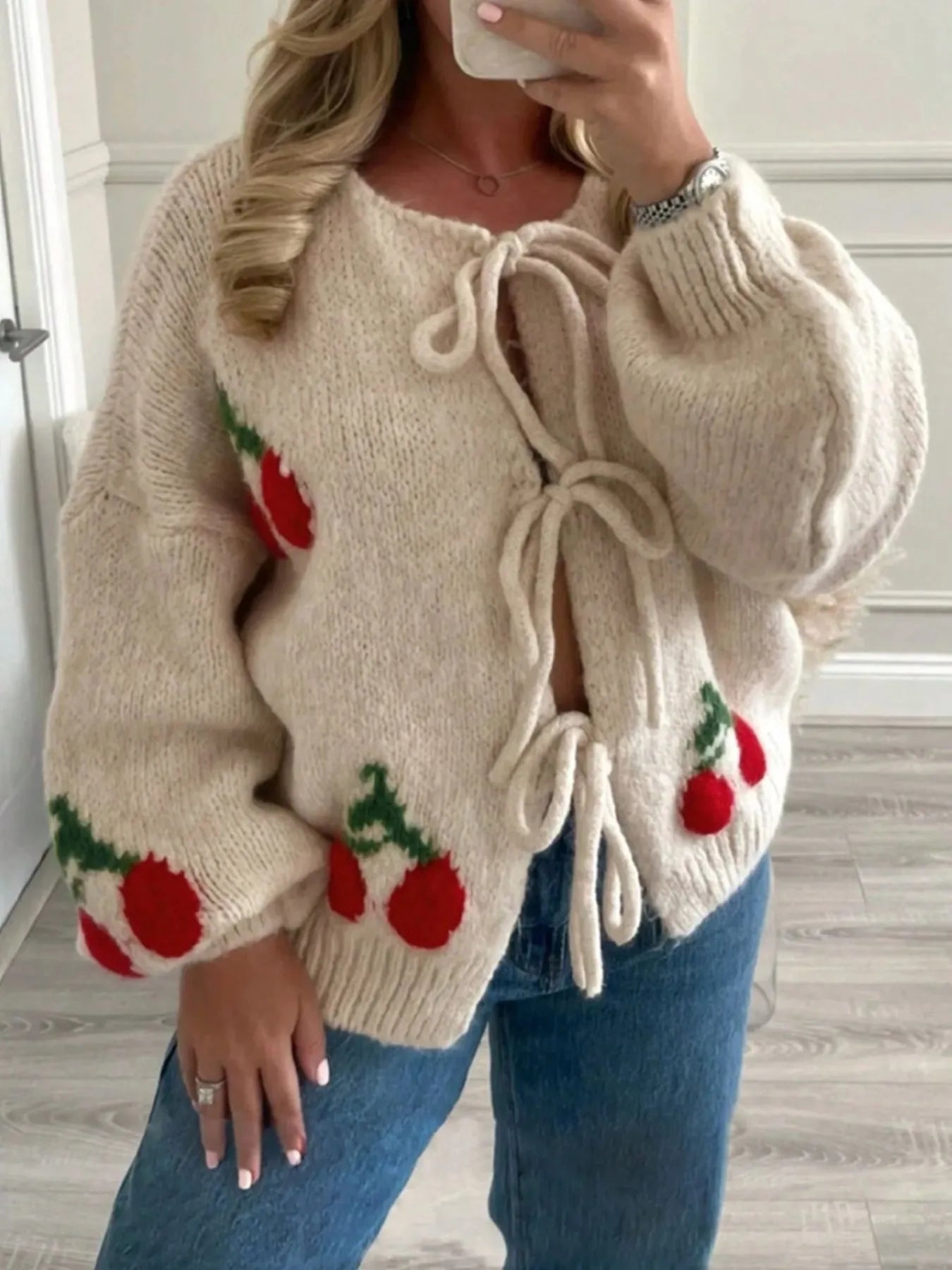 Cherry Pattern Tie-Front Oversized Cardigan Khaki - Fashorio