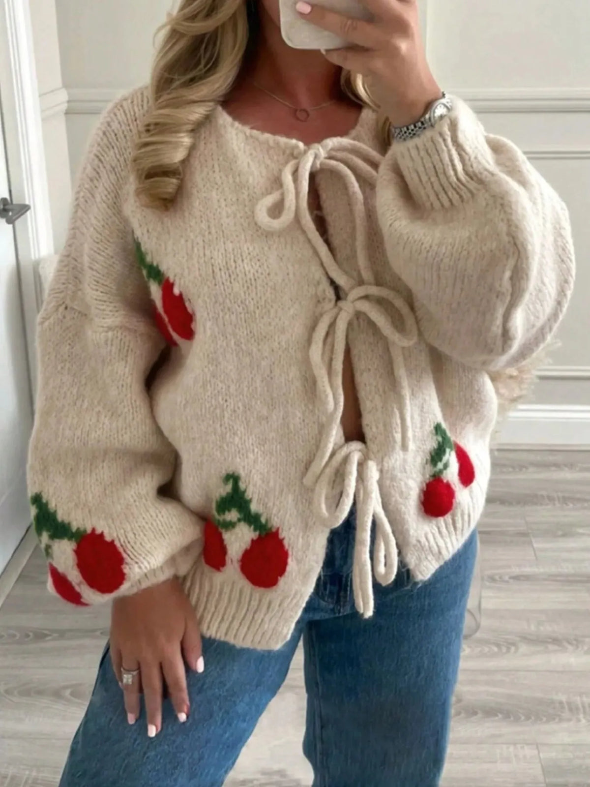 cherry tie front oversized cardigan side view