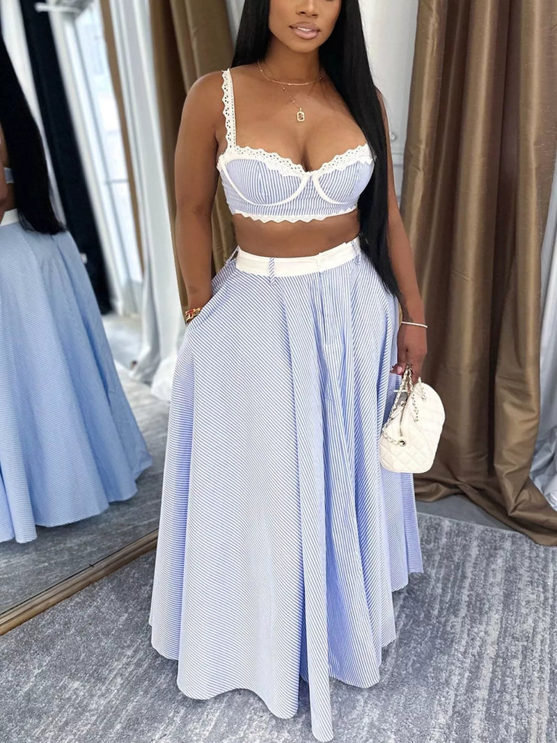 Striped lace trim cami and skirt set front view