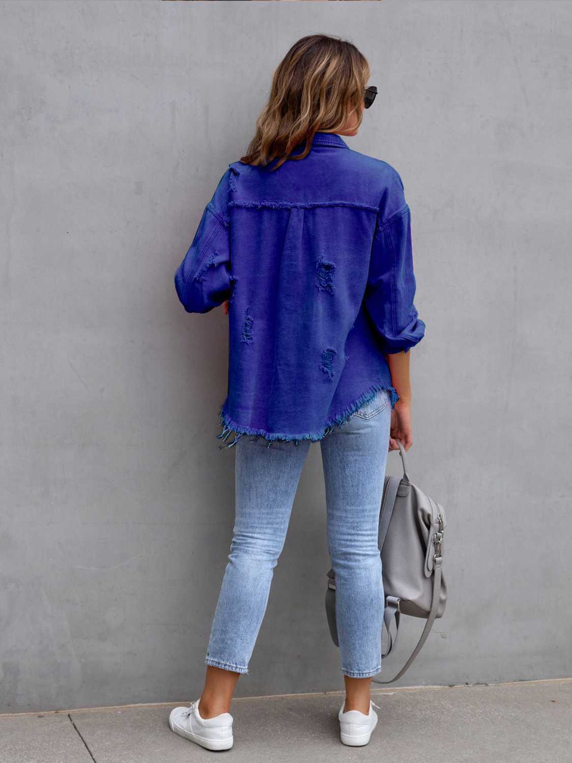 Distressed Drop Shoulder Denim Jacket - Fashorio