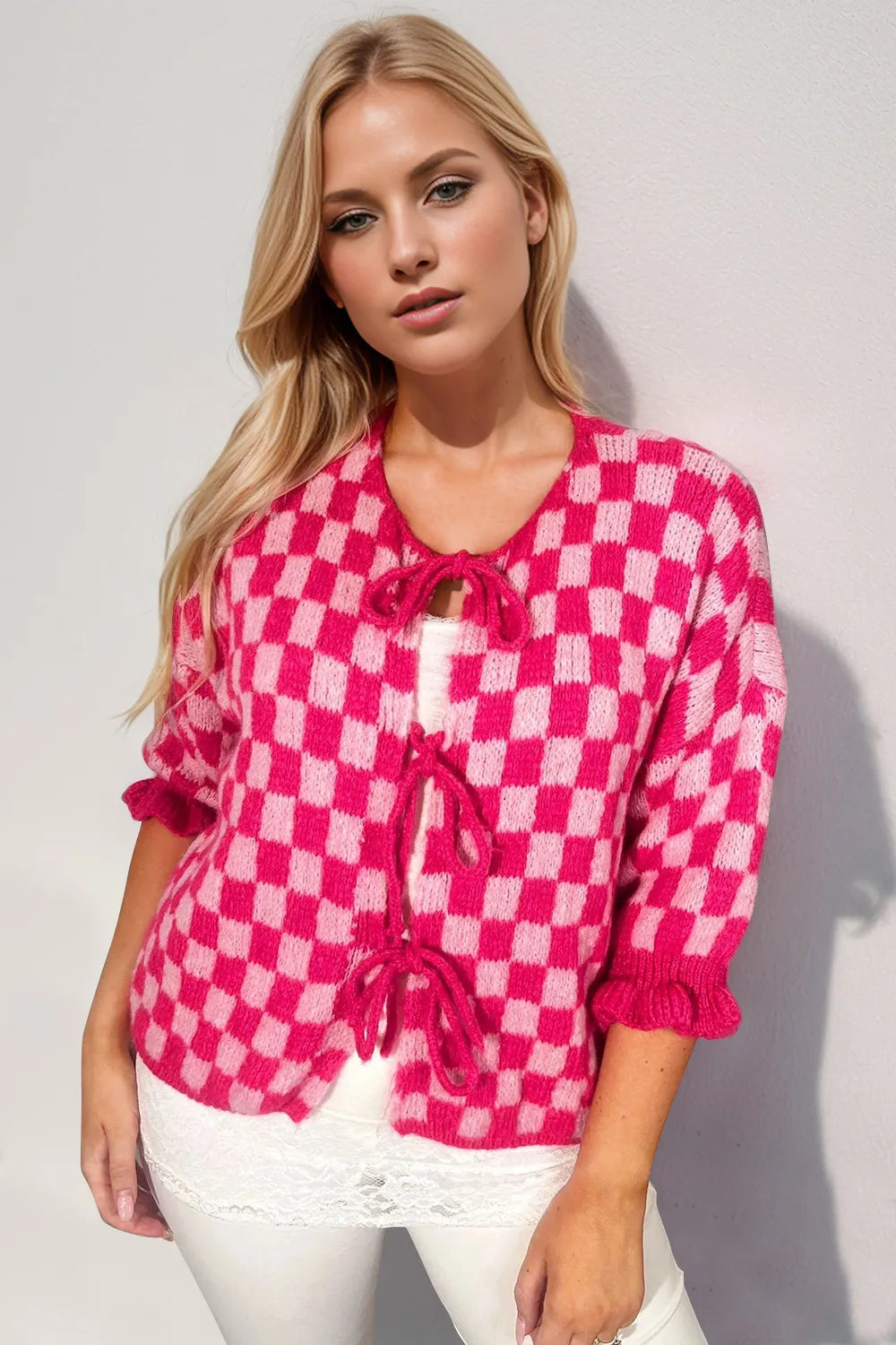 Double Take Tied Checkered Dropped Shoulder Flounce Sleeve Cardigan - Fashorio