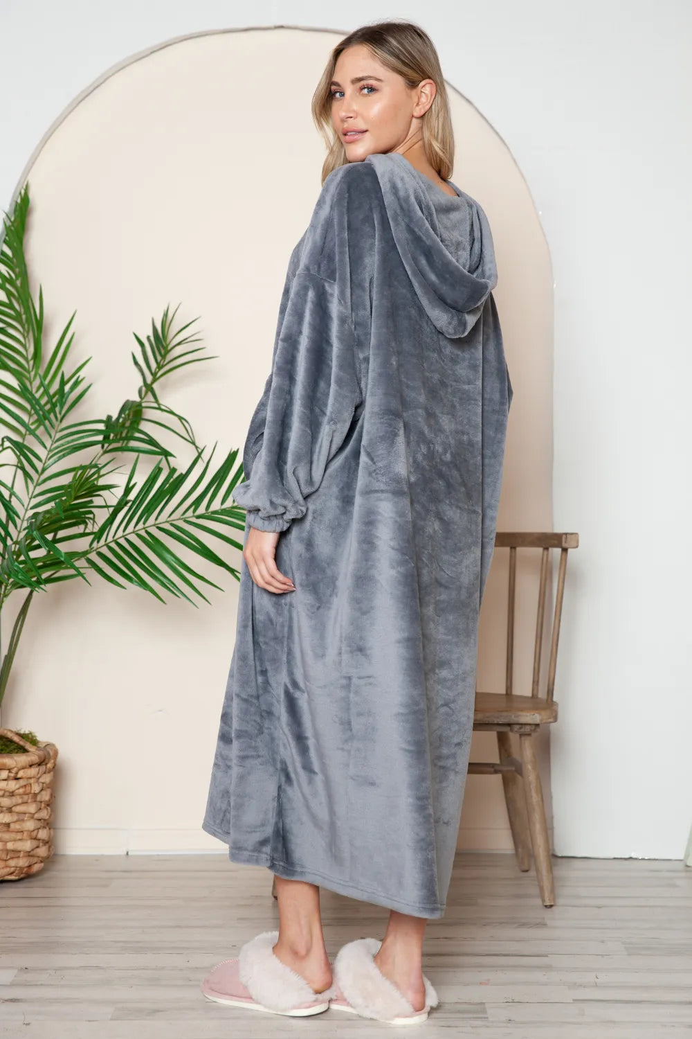 Double Take Full Size Pocketed Hooded Midi Lounge Dress - Fashorio