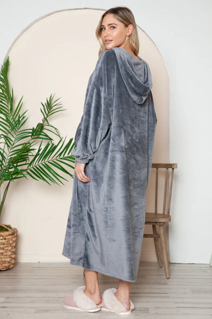 Double Take Full Size Pocketed Hooded Midi Lounge Dress - Fashorio