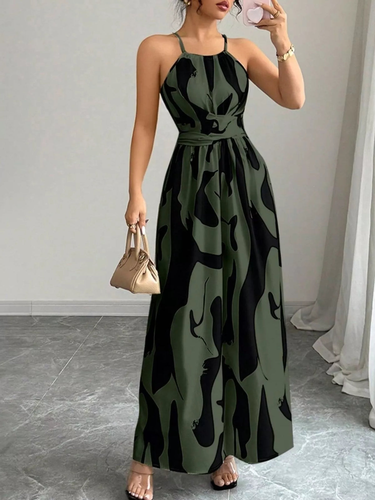 Abstract print halter neck maxi dress angled view
