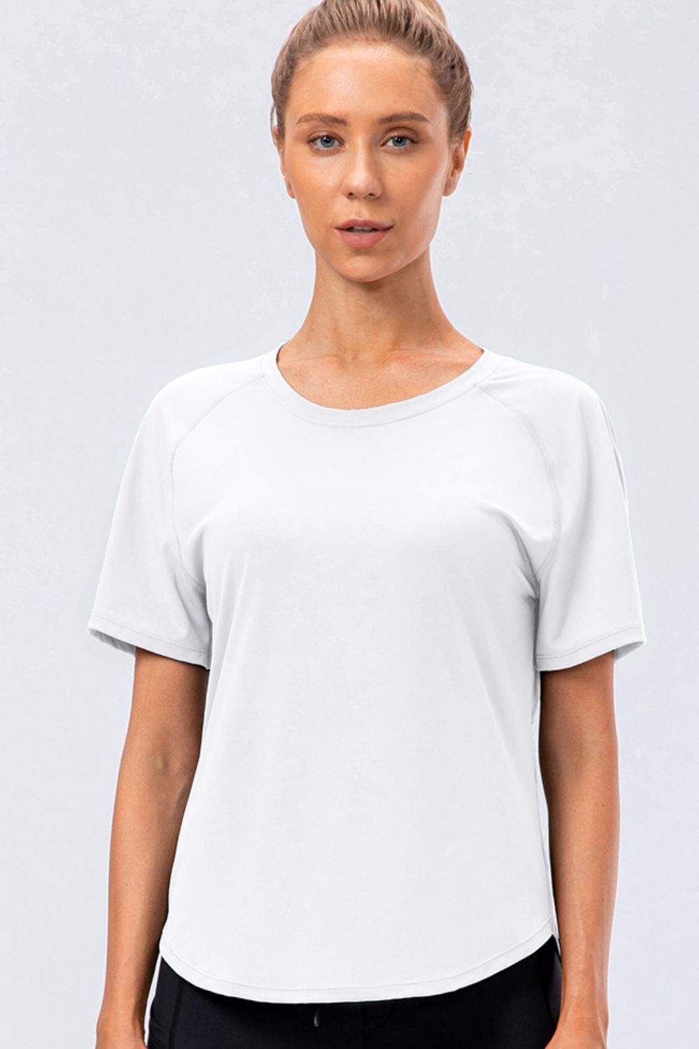 round neck raglan sleeve active tee close up detail