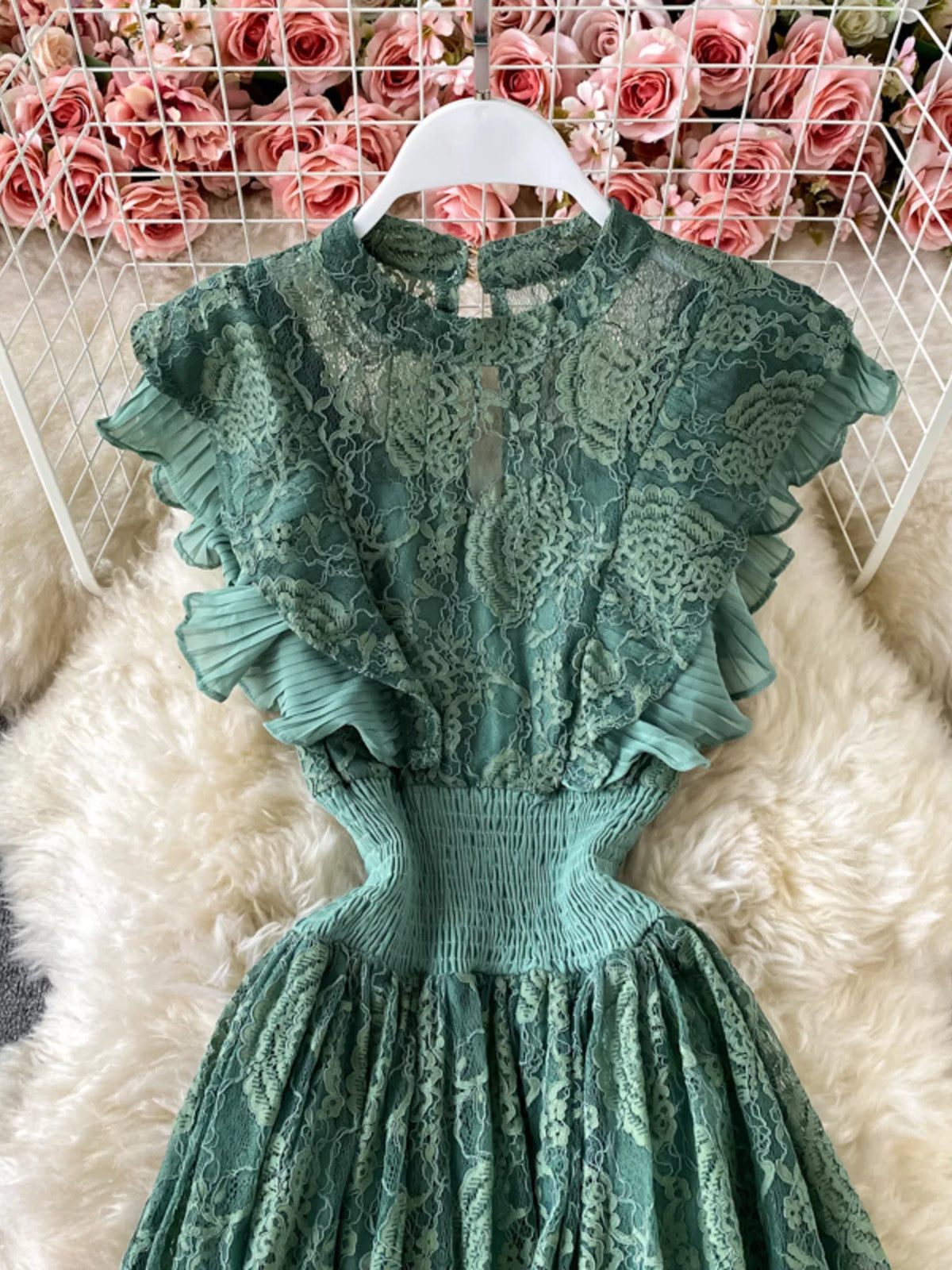 Ruffled mock neck lace maxi dress, detail of neckline