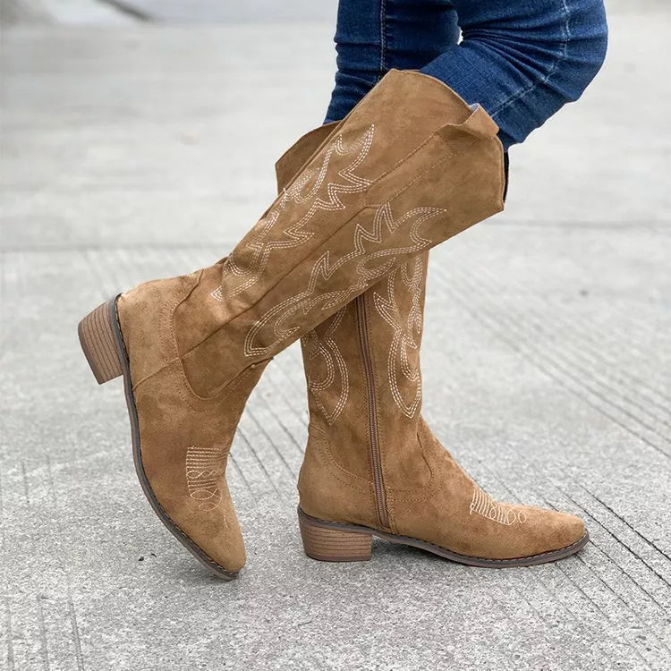 Suede point toe block heel boots shaft detail
