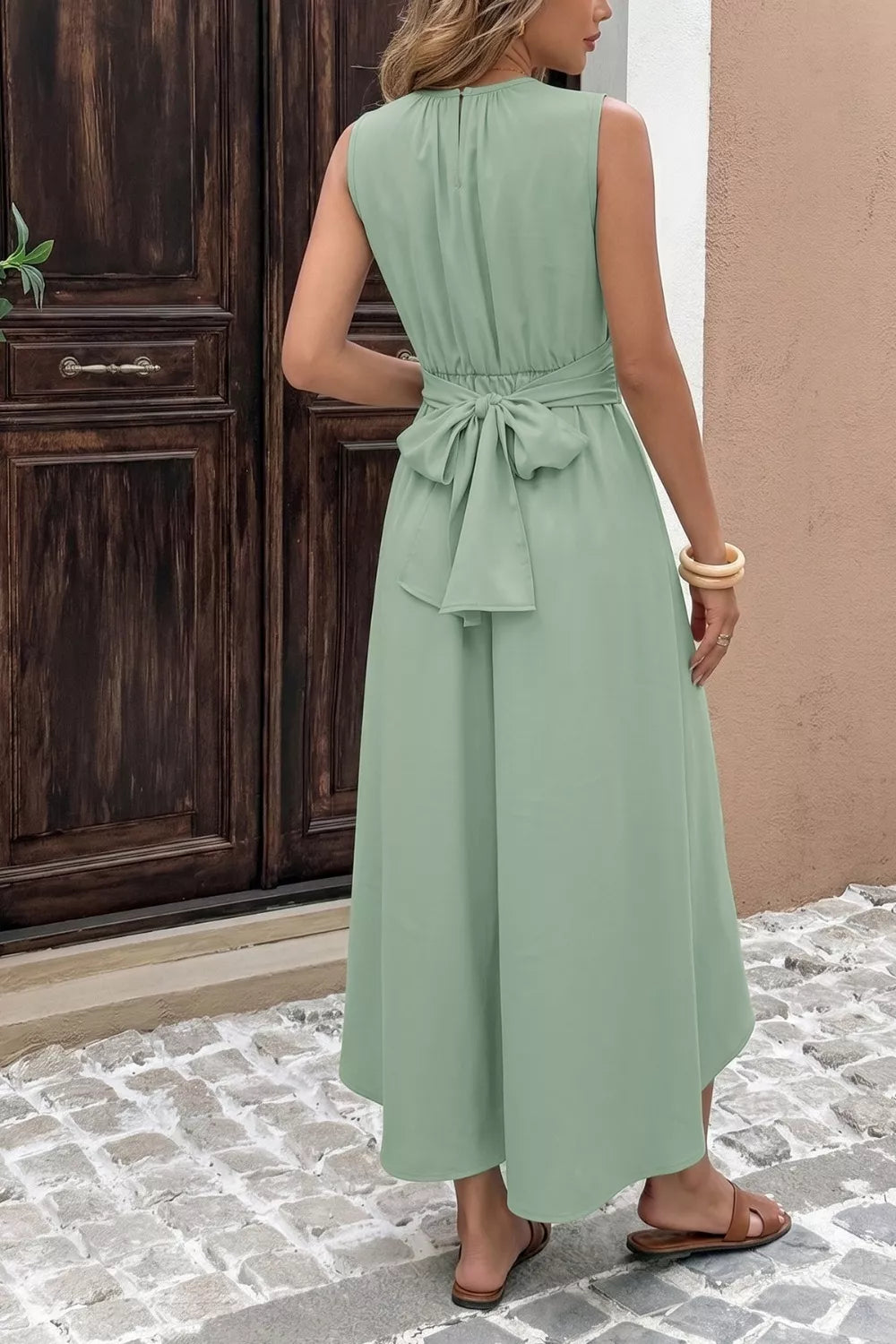 Sage green high low hem dress full length view