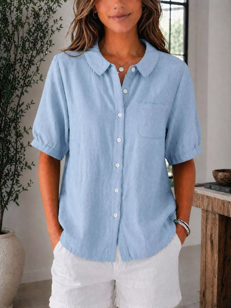 Belinda button up short sleeve shirt in sky blue, front view