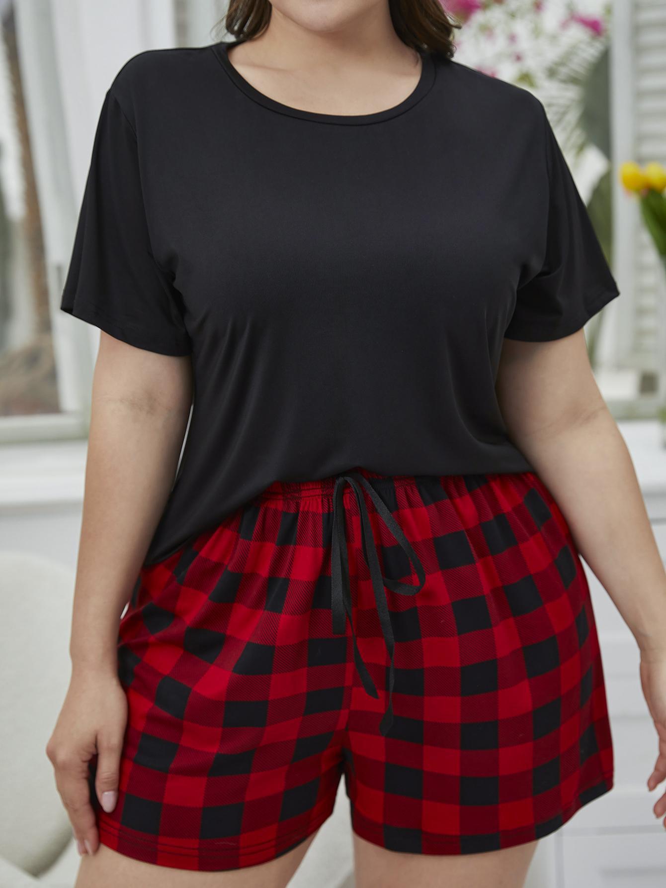 Plus Size Round Neck Tee Shirt and Plaid Shorts Lounge Set - Fashorio