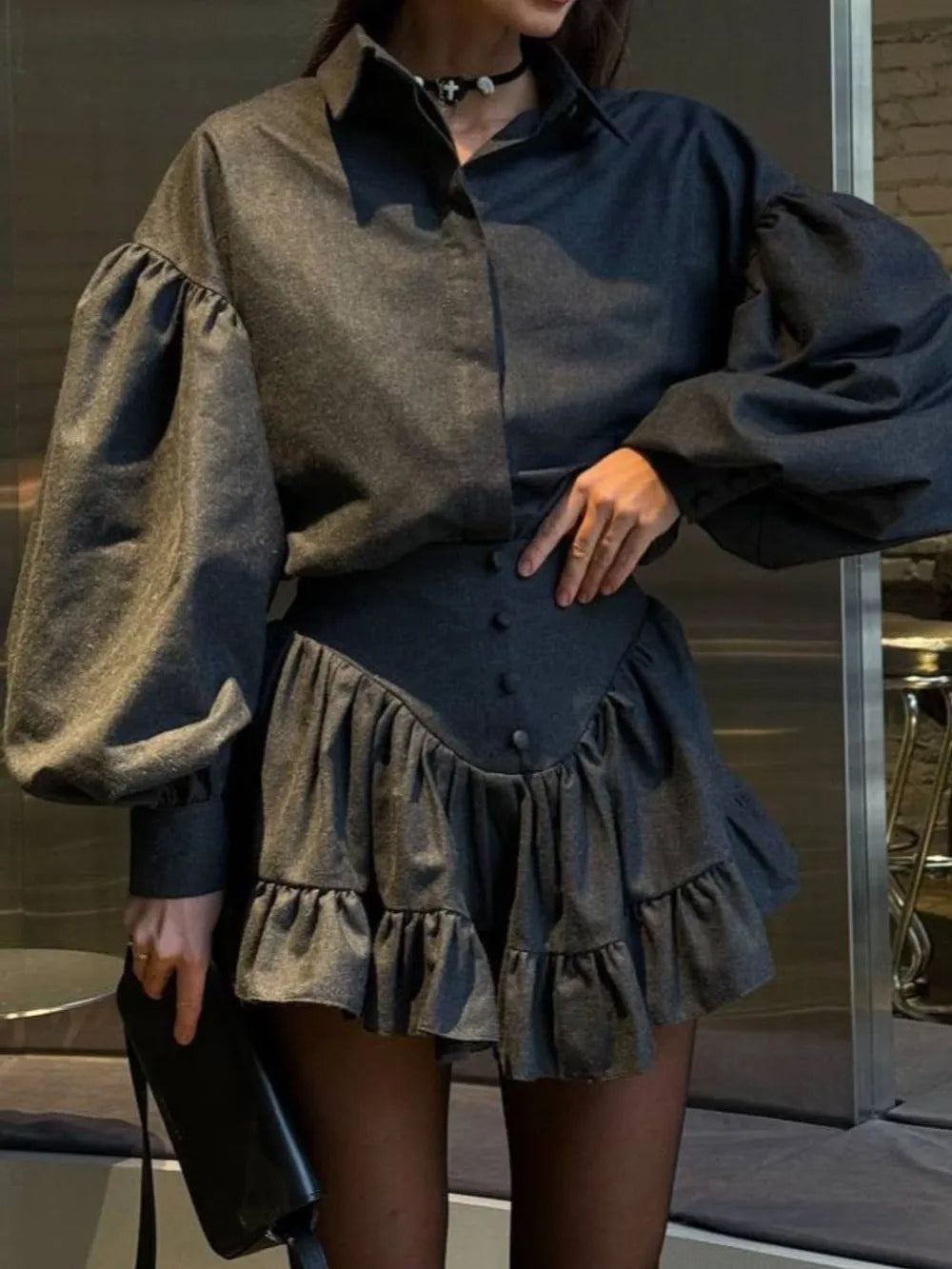 Lantern Sleeve Shirt and Ruffled Skirt Set, view 10