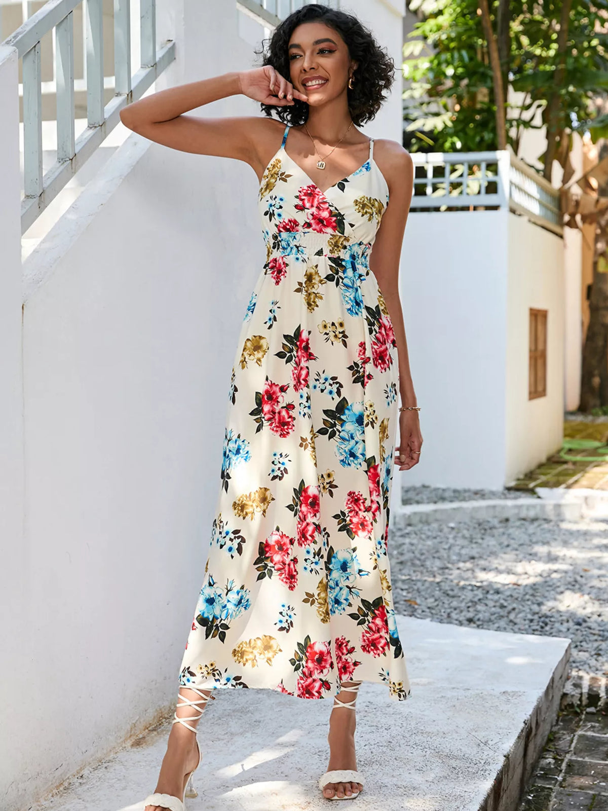Floral print spaghetti strap midi dress front view