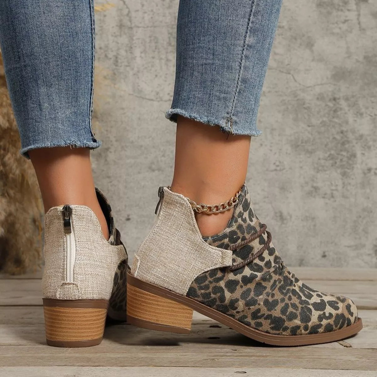 denim block heel ankle boots upper detail
