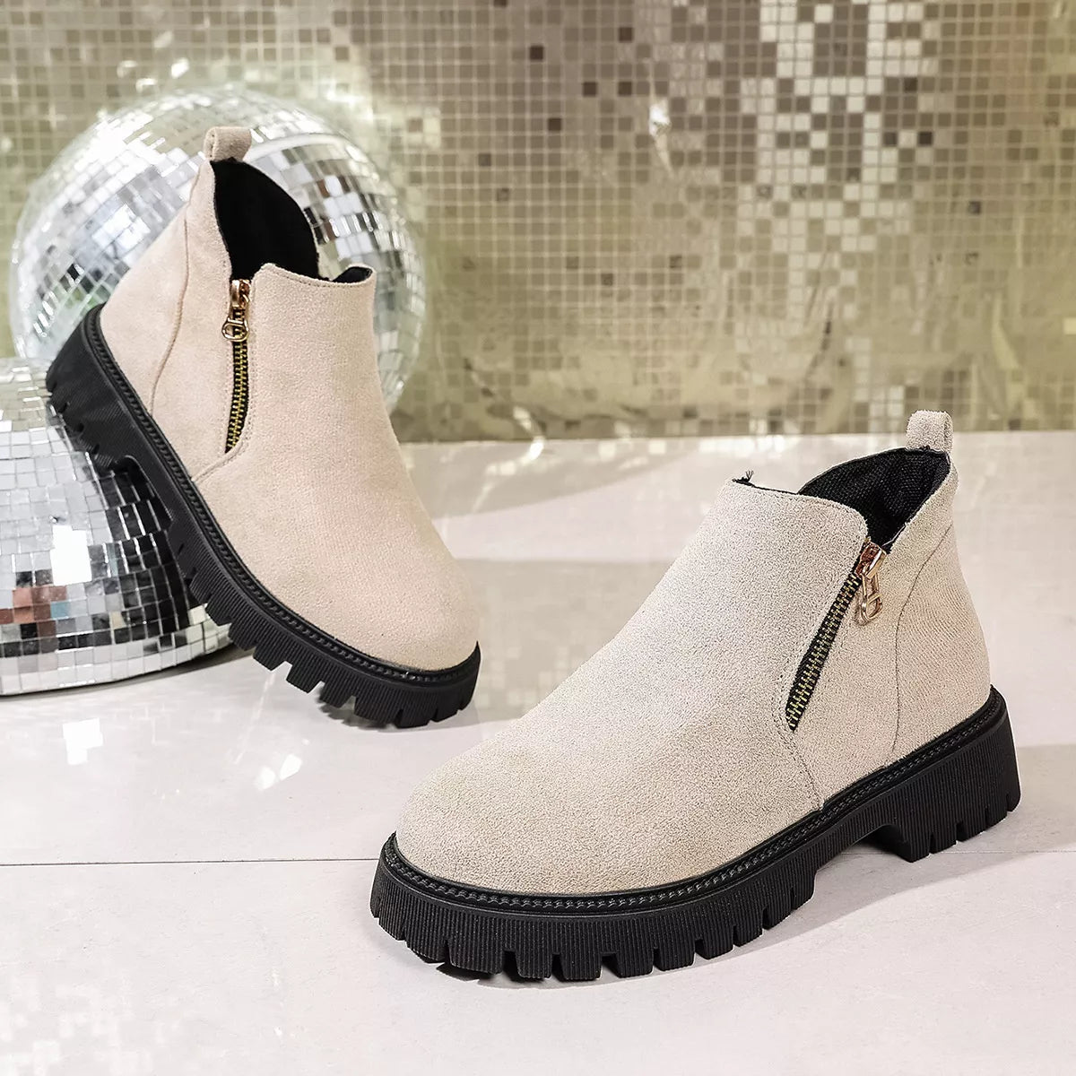 Round toe side zip ankle boots side profile