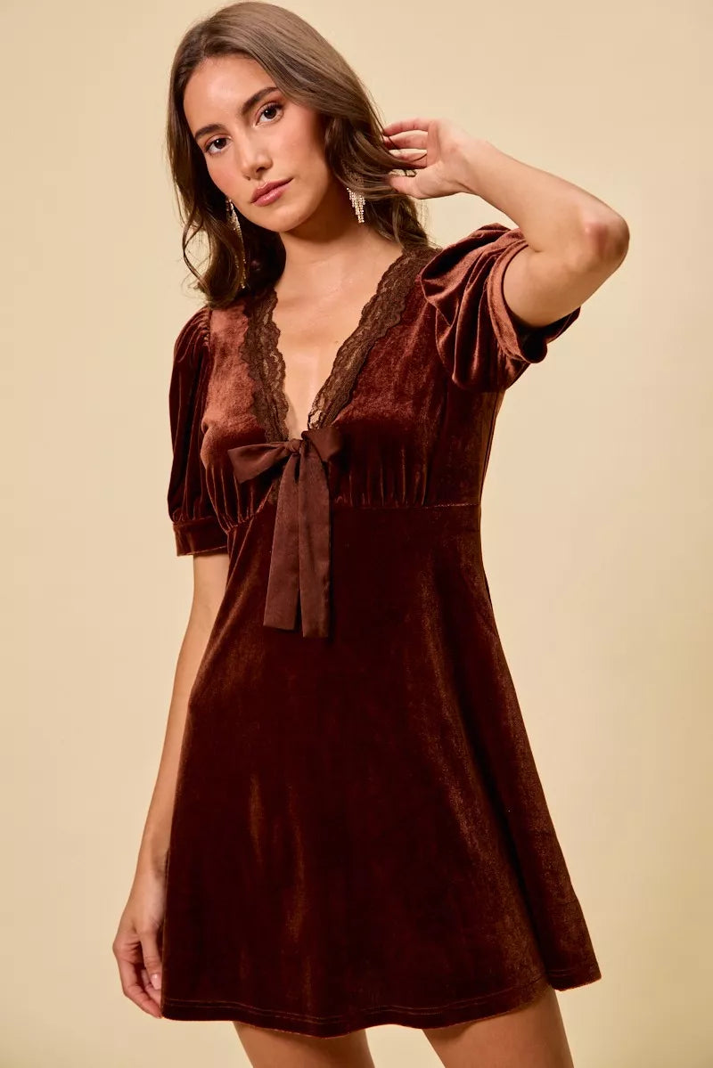 velvet short sleeve mini dress fabric and detail close up