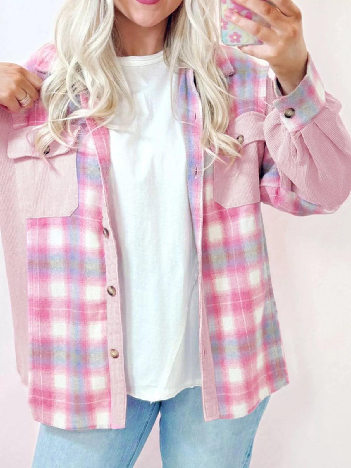 Plaid Button Up Jacket in Blush Pink detail