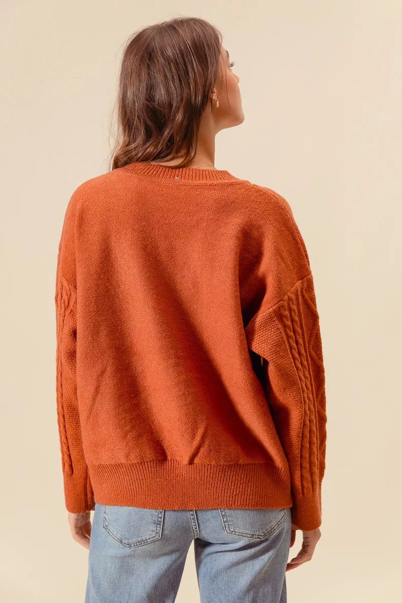 Embroidered Floral Cable Knit Sweater in Brick detail