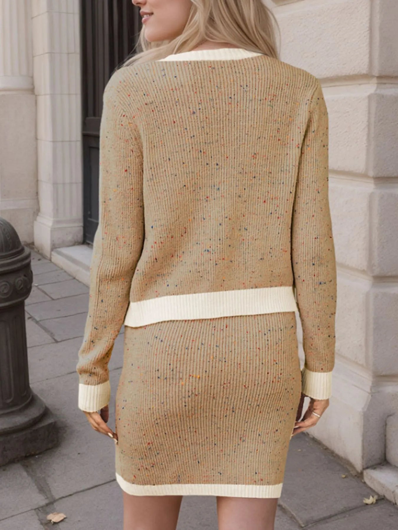 Contrast Trim Ribbed Top and Skirt Sweater Set - Fashorio