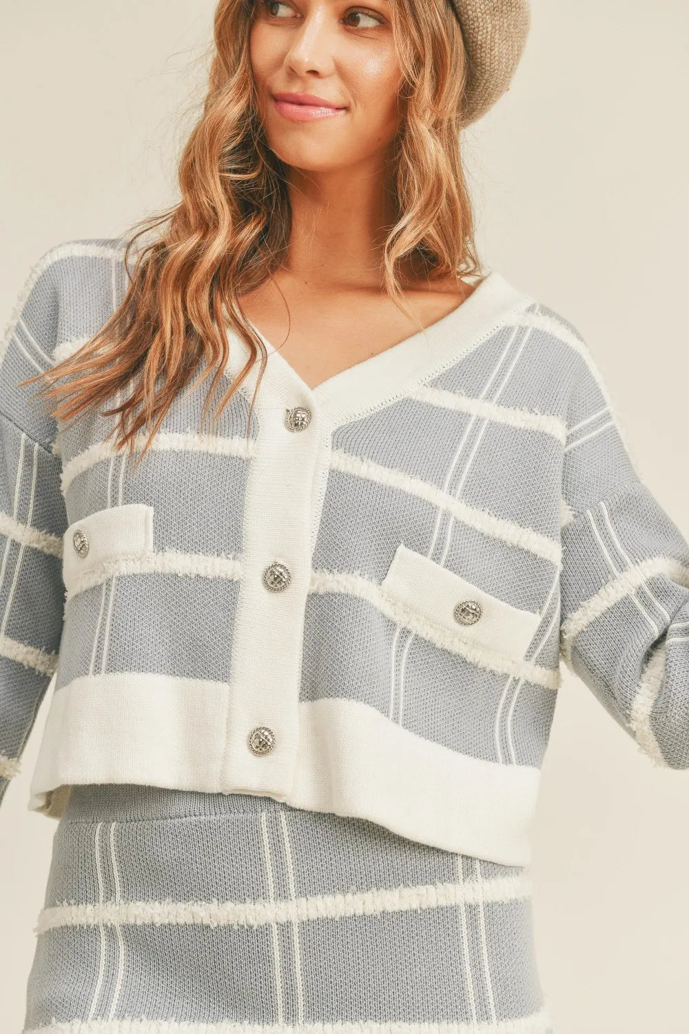dusty blue plaid cardigan and mini skirt set fabric detail