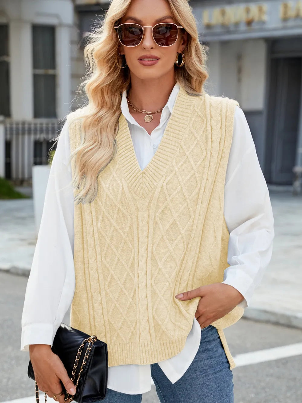 Cable Knit V Neck Sweater Vest in Gray view 19