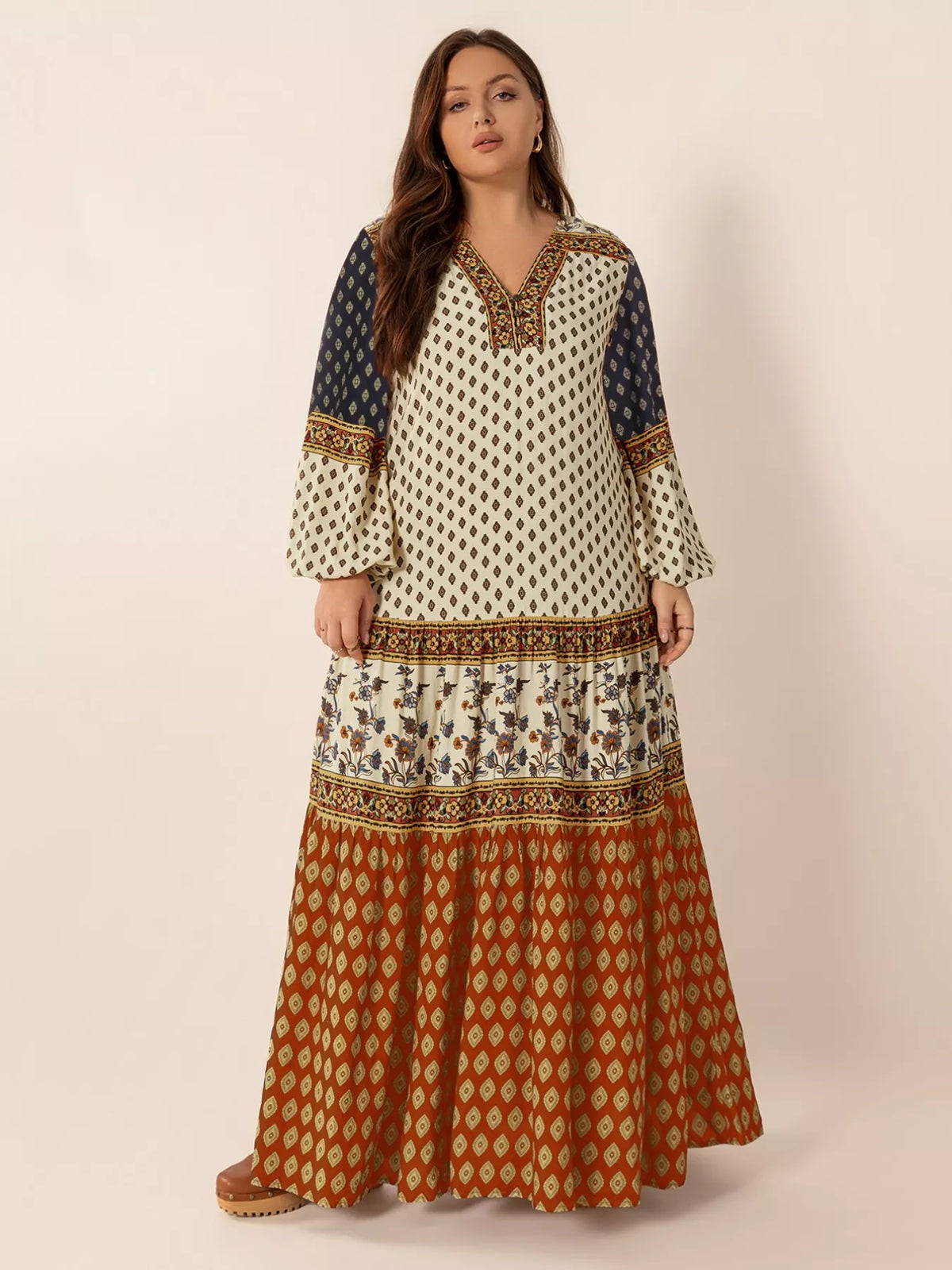 Notched neckline detail on the maxi dress