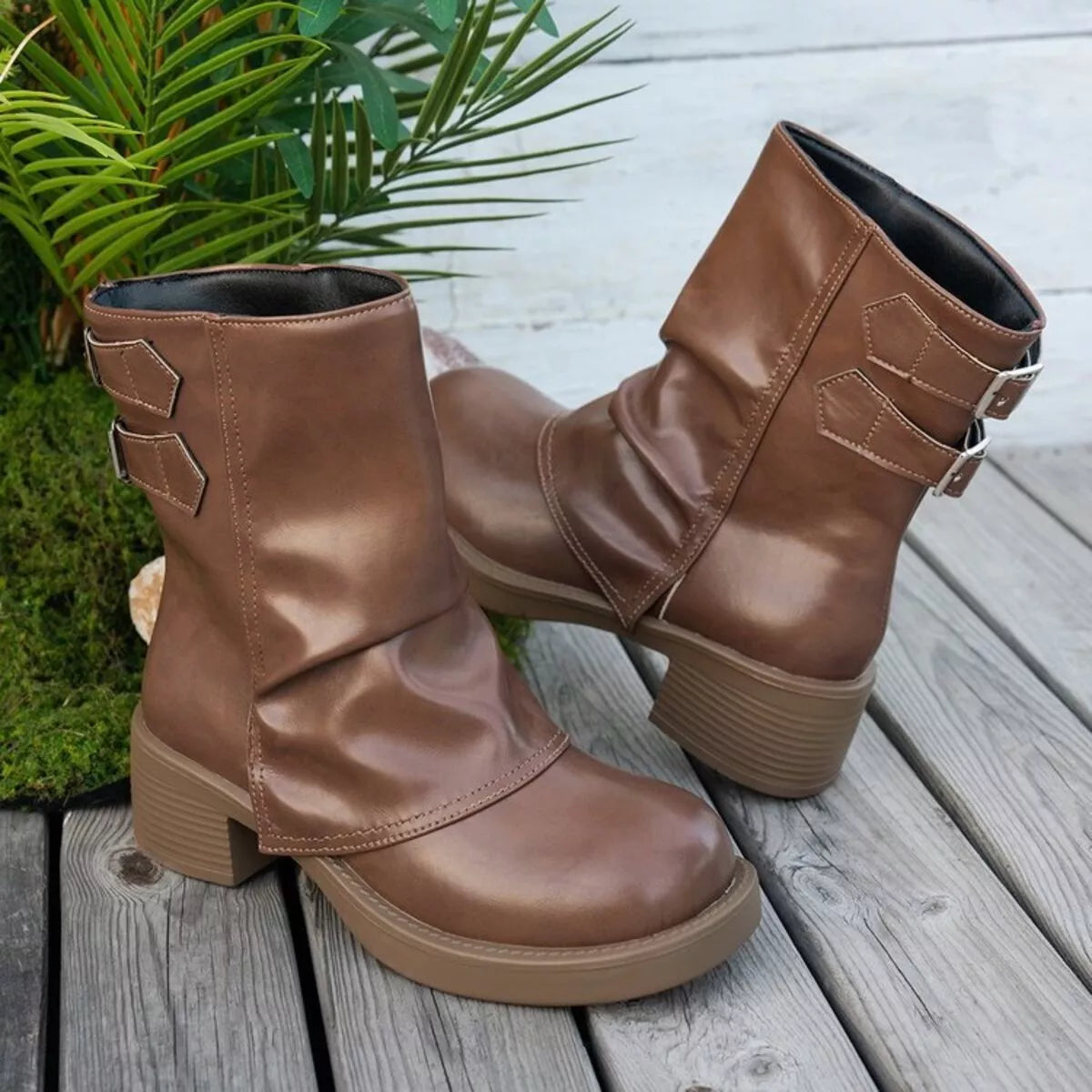 Round toe low block heel boots front view
