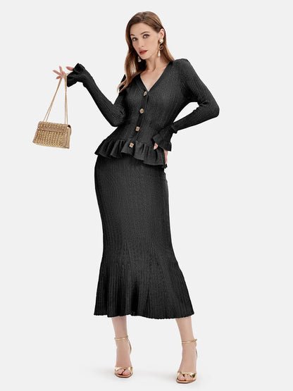 Ruffled V-Neck Top and Midi Skirt Sweater Set Black One Size - Fashorio